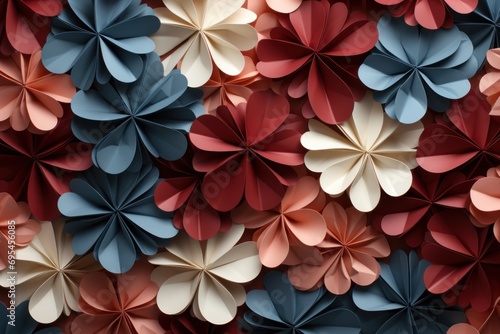  a bunch of origami flowers that are red  white  blue  and pink are arranged in the shape of a flower origami origami.