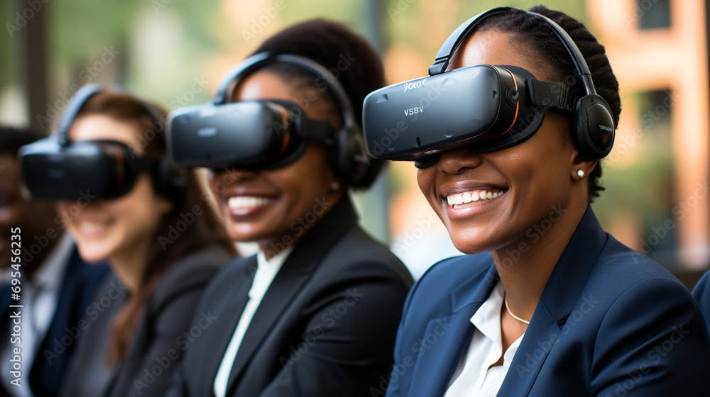 Business professionals in a roundtable discussion with VR headsets for a virtual meeting Business professionals in a roundtable discussion with VR headsets for a virtual meeting