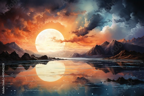  a painting of a sunset with mountains and a body of water in the foreground and a full moon in the middle of the sky in the middle of the background.