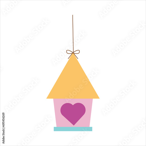 Pink bird house with heart shape window, cute illustration in cartoon flat style. Spring concept