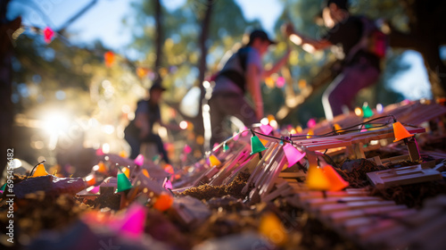 Teams navigating obstacle course with action-inspired bokeh