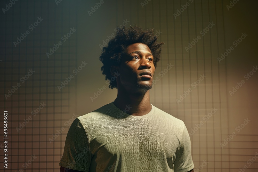 Obraz premium Portrait of a content afro-american man in his 30s sporting a breathable mesh jersey against a bare monochromatic room. AI Generation