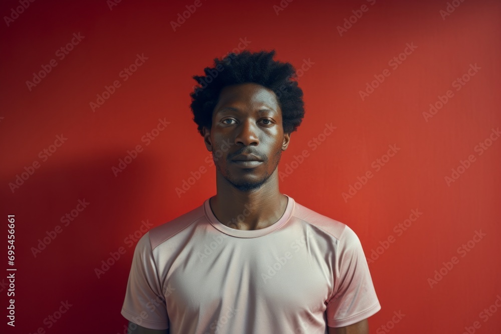 Portrait of a content afro-american man in his 30s sporting a breathable mesh jersey against a bare monochromatic room. AI Generation Portrait of a content afro-american man in his 30s sporting a breathable mesh jersey against a bare monochromatic room. AI Generation
