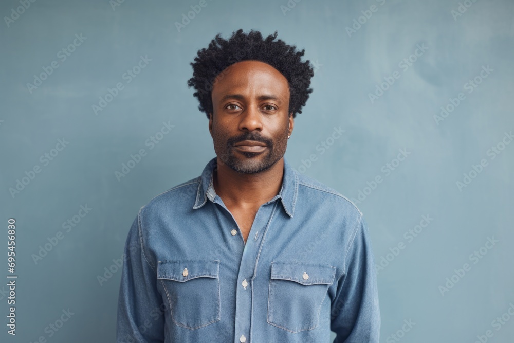 Portrait of a glad afro-american man in his 40s sporting a versatile denim shirt against a bare monochromatic room. AI Generation Portrait of a glad afro-american man in his 40s sporting a versatile denim shirt against a bare monochromatic room. AI Generation