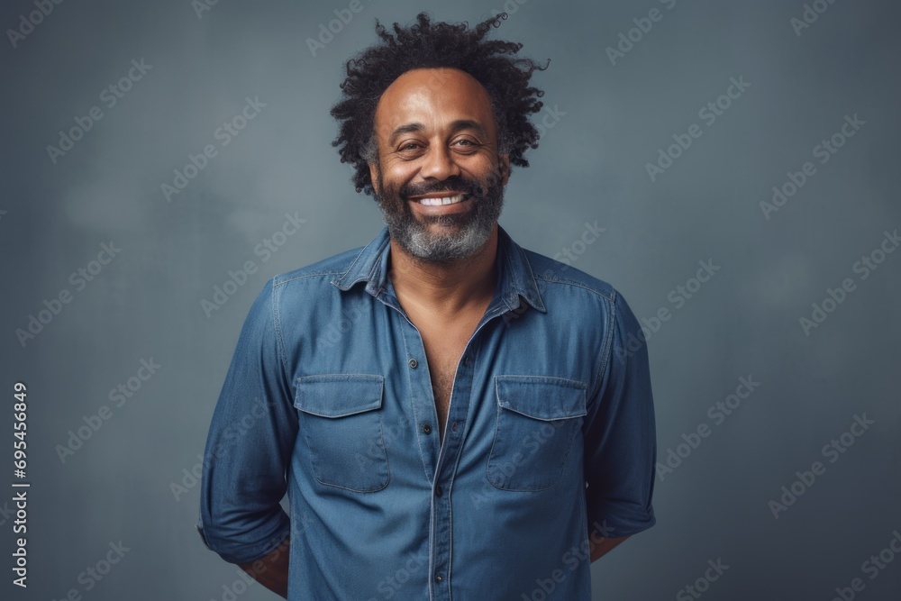 Fototapeta premium Portrait of a glad afro-american man in his 40s sporting a versatile denim shirt against a bare monochromatic room. AI Generation