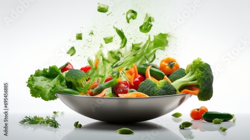 vibrant culinary motion: fresh vegetables sizzling from pan to plate on white background