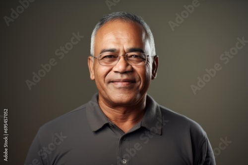 Portrait of a glad indian man in his 60s donning a classy polo shirt against a bare monochromatic room. AI Generation