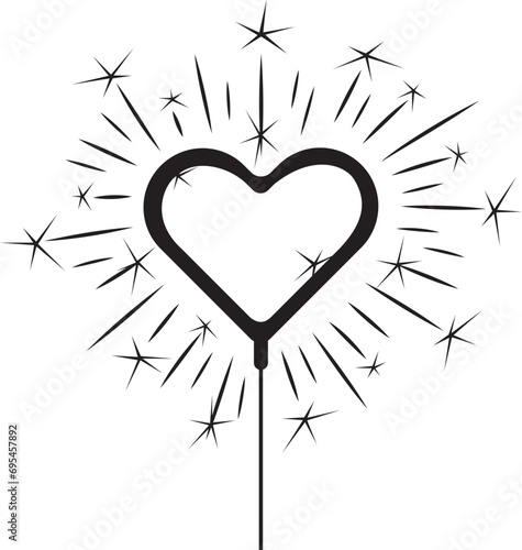 heart shaped sparkler vector illustration, black silhouette 
