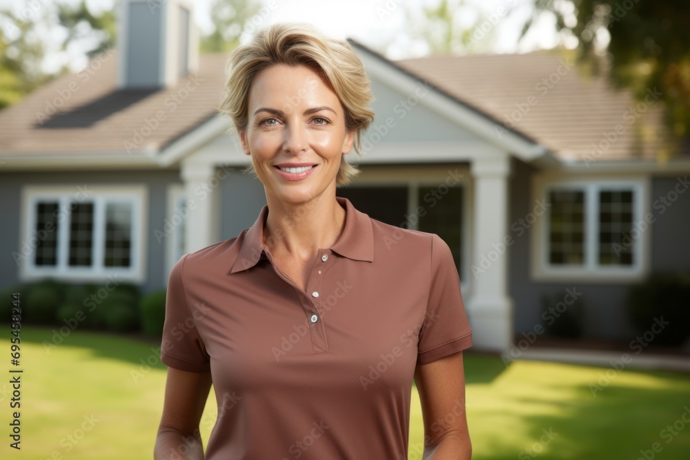 Portrait of a happy woman in her 40s wearing a breathable golf polo against a stylized simple home office background. AI Generation