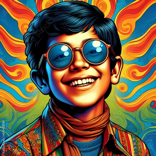 Happy boy with sunglasses, colorful psychedelic