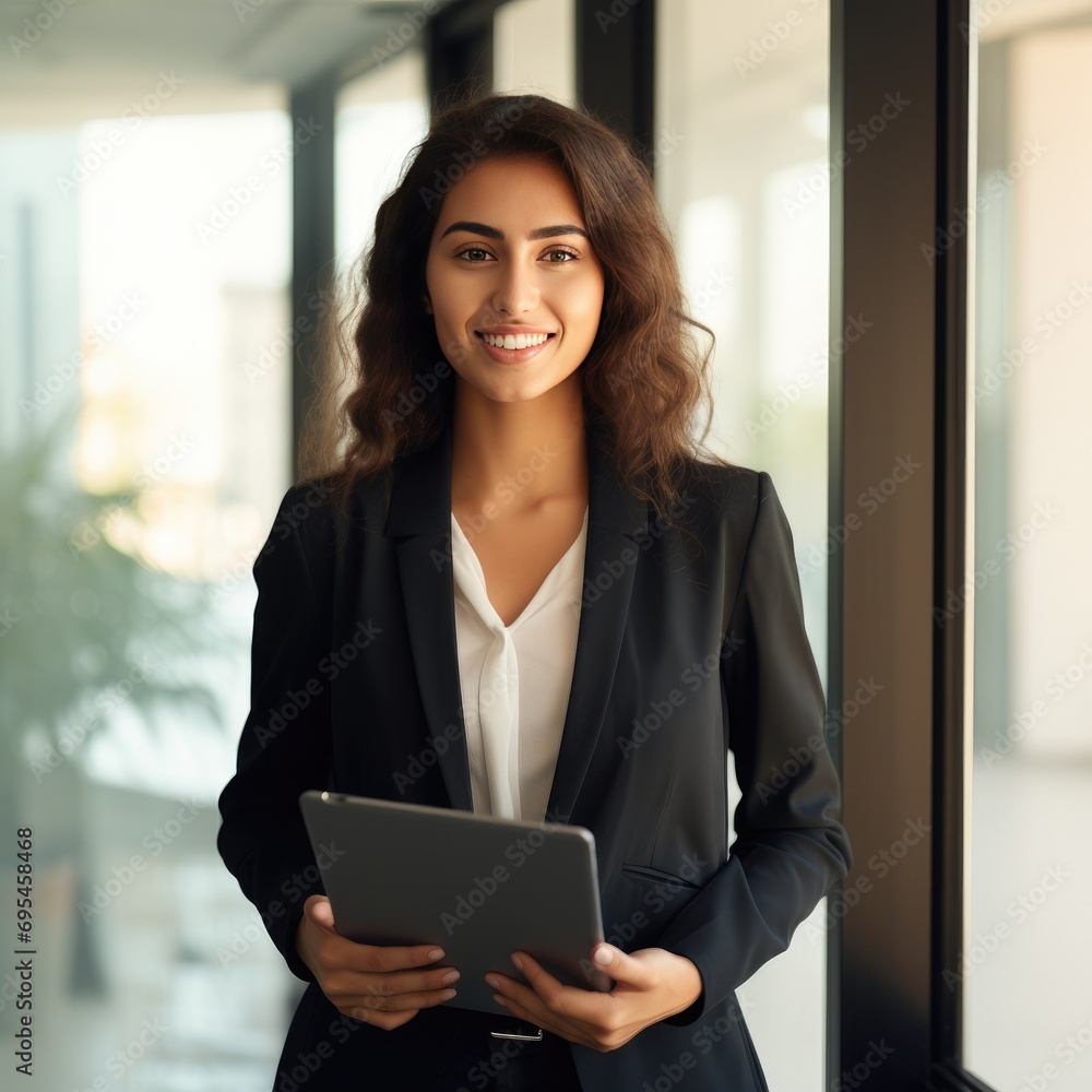 Young happy businesswoman using digital tablet while standing by the window in the office and looking at camera. Copy space.