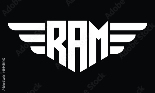 RAM three letter logo, creative wings shape logo design vector template. letter mark, wordmark, monogram symbol on black & white.	