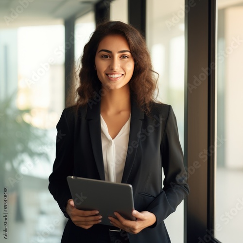 Young happy businesswoman using digital tablet while standing by the window in the office and looking at camera. Copy space.
