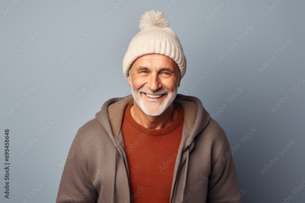 Portrait of a cheerful man in his 70s donning a warm wool beanie against a stylized simple home office background. AI Generation Portrait of a cheerful man in his 70s donning a warm wool beanie against a stylized simple home office background. AI Generation