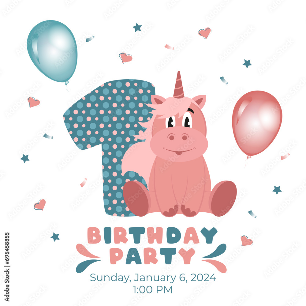 Birthday party invitation with baby unicorn Birthday party invitation with baby unicorn