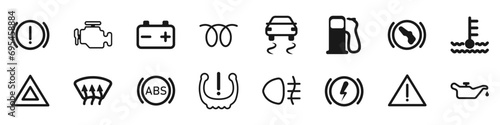 Car panel indication icon set vector. Car control panel symbols. Black car dashboard icons. Indication of car breakdown, malfunction, warning symbol.