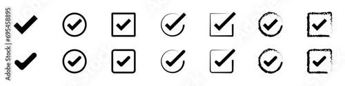 Set of different black check marks vector. Voting vector icon. Choice vector icon. Confirmation symbol set of checkmark icons in square and circle. photo