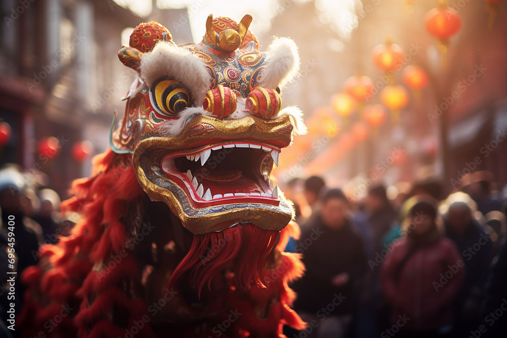 Obraz premium Chinese new year. A Chinese dragon dances in the streets 