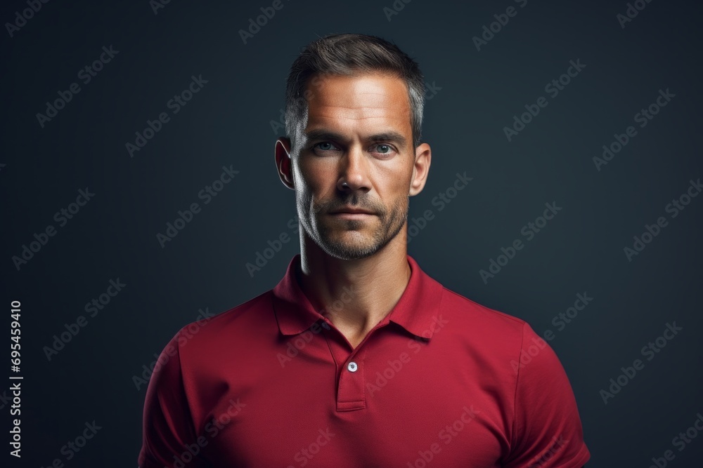 Portrait of a content man in his 40s donning a classy polo shirt against a plain cyclorama studio wall. AI Generation Portrait of a content man in his 40s donning a classy polo shirt against a plain cyclorama studio wall. AI Generation
