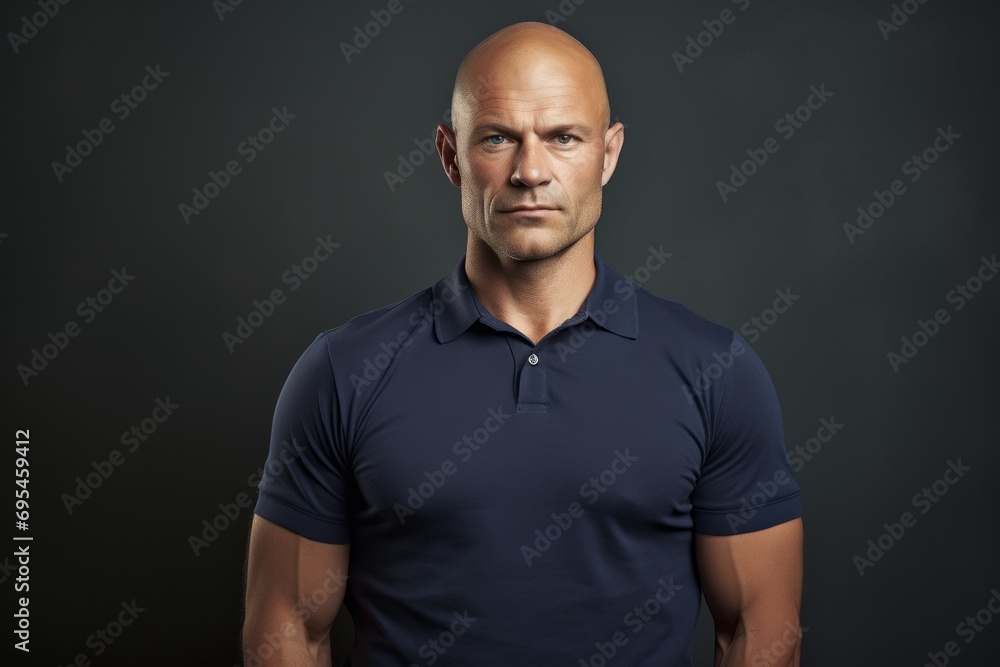 Portrait of a content man in his 40s donning a classy polo shirt against a plain cyclorama studio wall. AI Generation Portrait of a content man in his 40s donning a classy polo shirt against a plain cyclorama studio wall. AI Generation