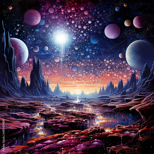 Kosmische Landschaft mit leuchtenden Planeten und Sternen     Science-Fiction-Kunst