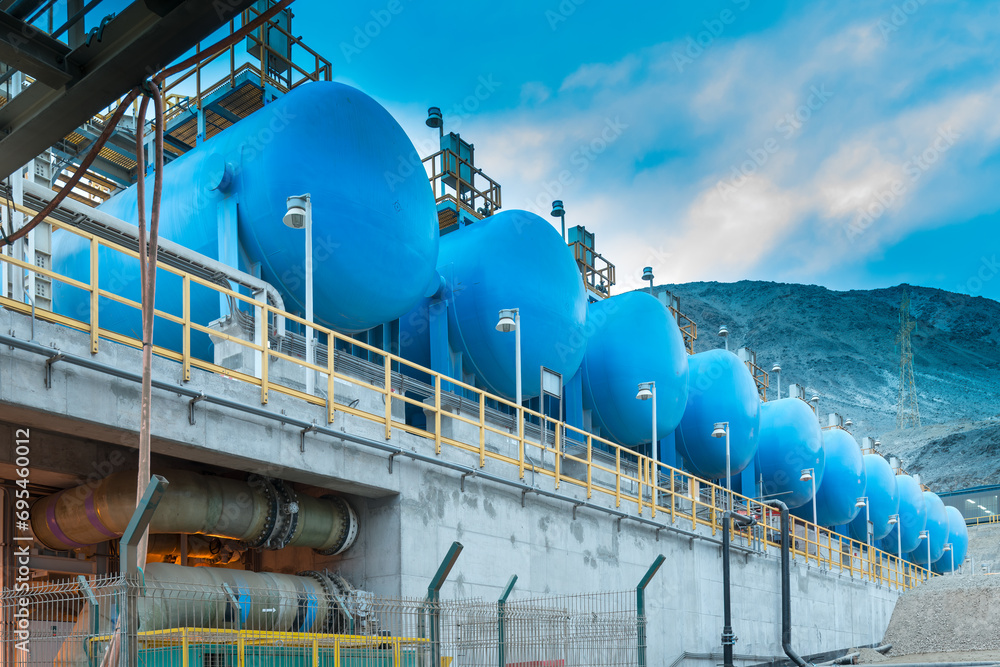 Water tanks and reverse osmosis equipment in a desalination plant ...