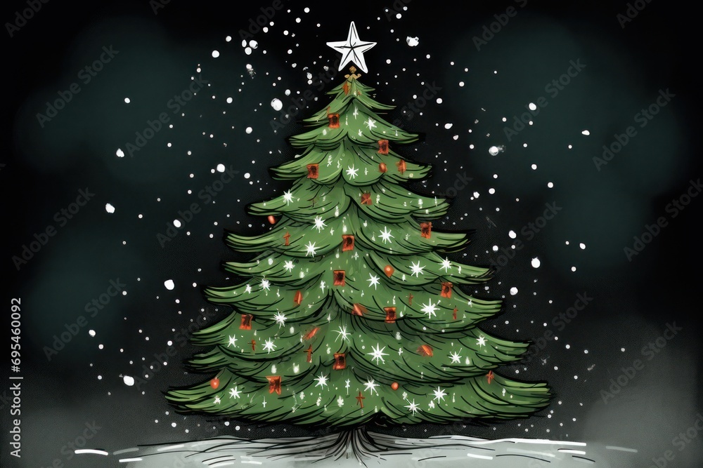  a drawing of a christmas tree with a star on top of it and snow falling on the ground and snowflakes on the top of the top of the tree.