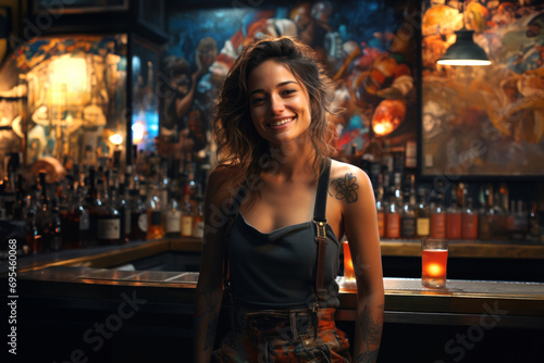 A hipster tattooed woman bartender smiling at the bar counter. photo