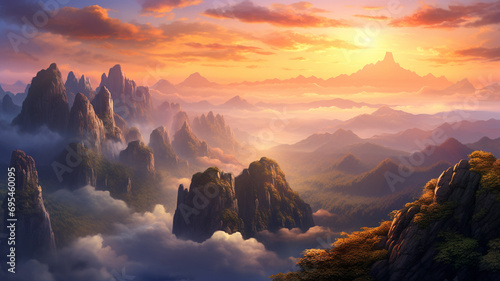 A fantastic dreamy sunrise on the pinnacle of a rocky mountain, with the sun painting the sky in warm colors and casting a magical glow over a misty valley, 