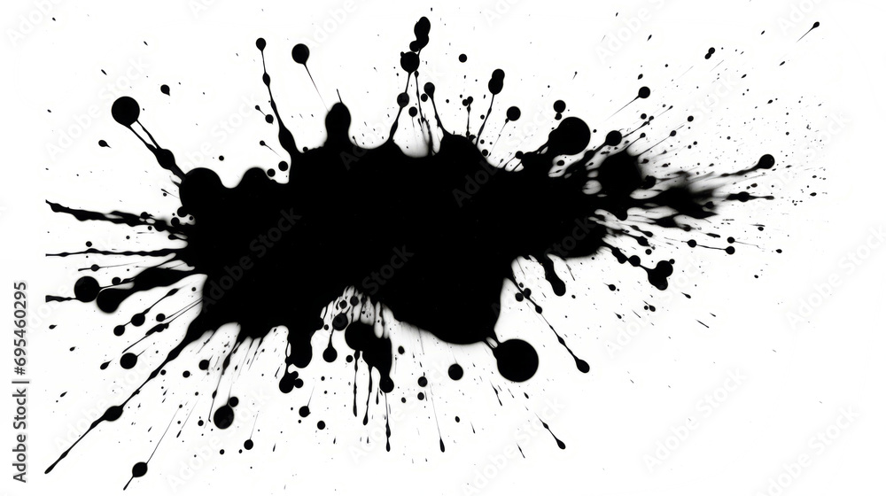 Black ink splash isolated on white background. Ink Splatter. Splash and drops of black liquid.