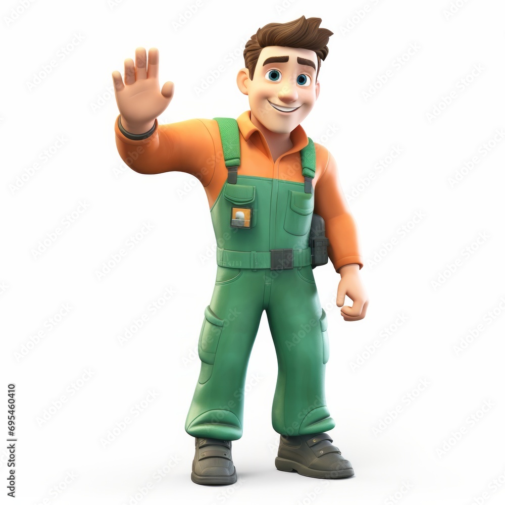 Character man builder in with smile, in construction overalls green color in character poses in children's book illustration style, render Cinema 3D illustration on white background. Character man builder in with smile, in construction overalls green color in character poses in children's book illustration style, render Cinema 3D illustration on white background.