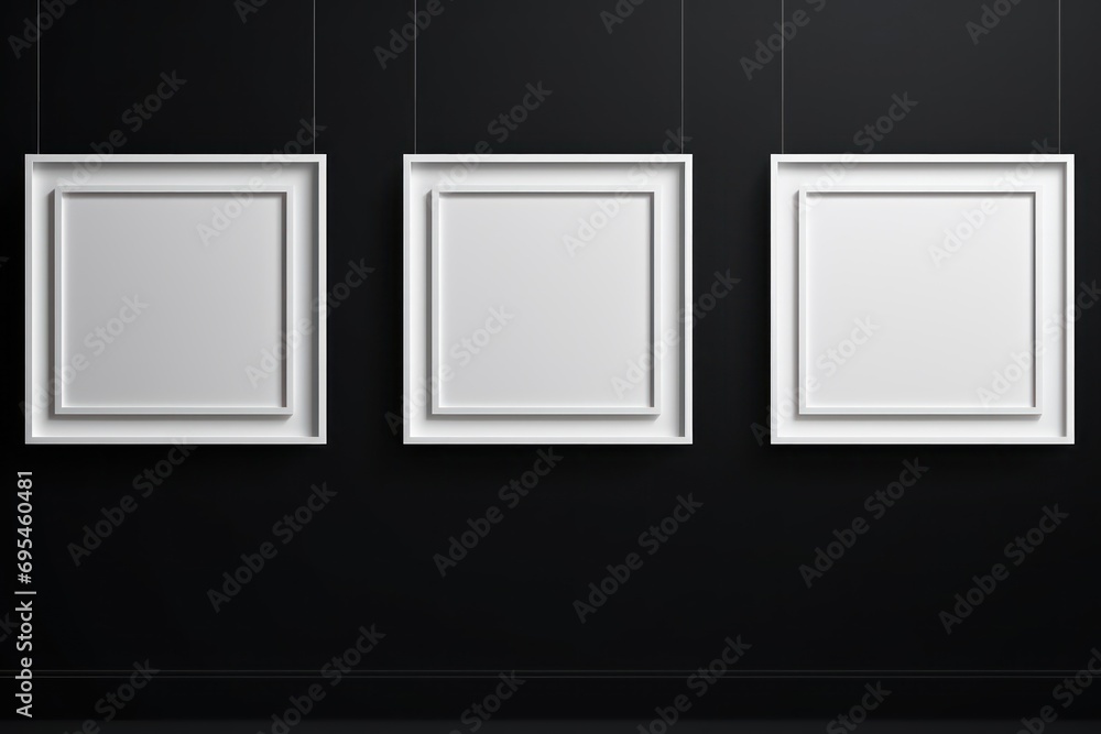 Empty white photo frame hanging on black wall Empty white photo frame hanging on black wall