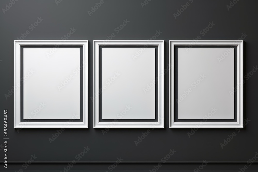 Empty white photo frame hanging on black wall Empty white photo frame hanging on black wall