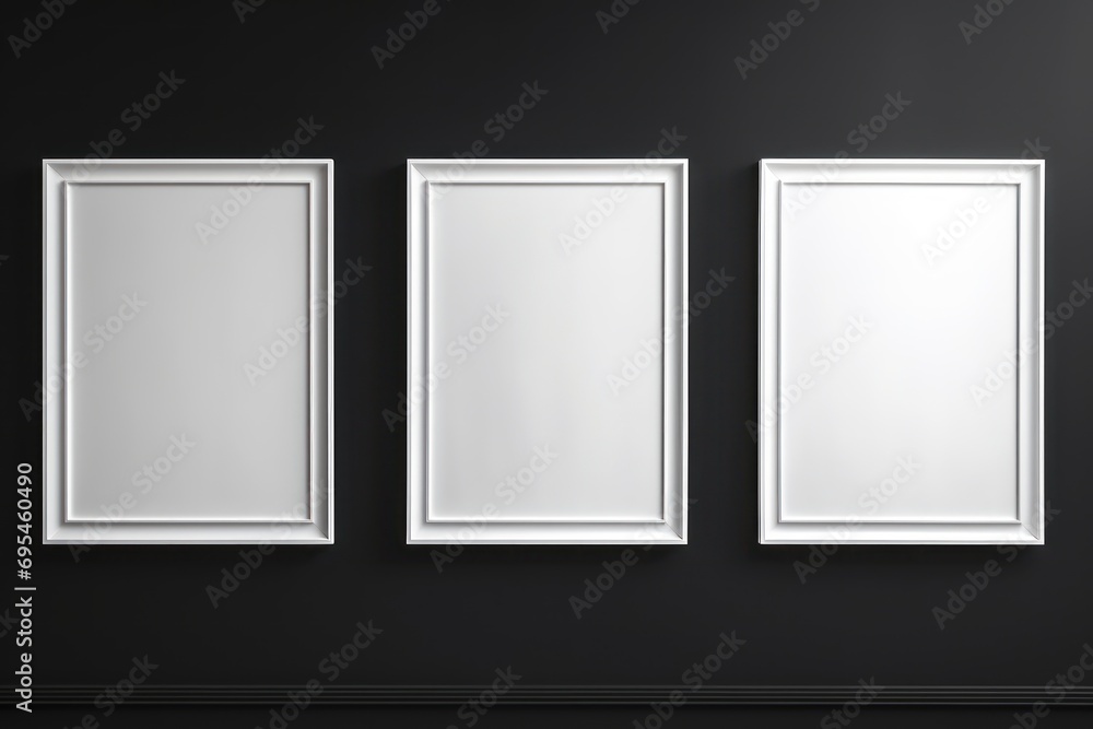 Empty white photo frame hanging on black wall Empty white photo frame hanging on black wall