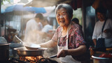 An old woman is cooking by the fire stove, behind the is street food