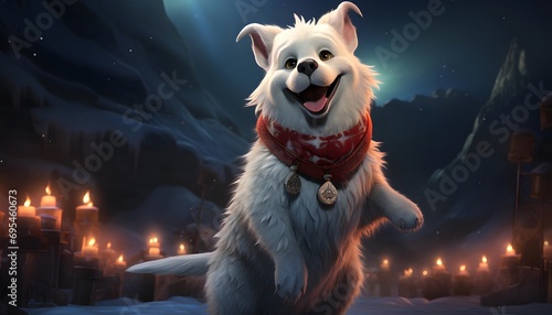 White Samoyed dog in a red scarf on the background of a winter landscape with a Christmas tree.