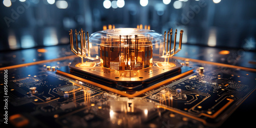Quantum chip, part of quantum computer. How quantum technology may look-like. Technology and science concept image