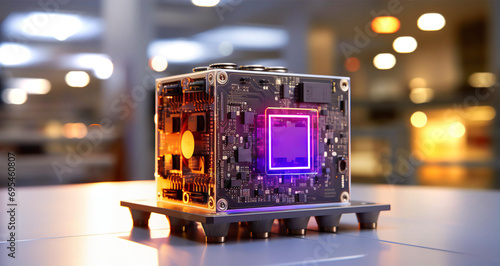 Quantum chip, part of quantum computer. How quantum technology may look-like. Technology and science concept image photo