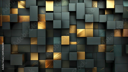 Beautiful abstract geometrical tech background with metal shapes and golden glowing light