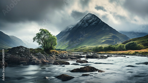 Epic Scottish landscupe with grey sky, mountains, river and green fields