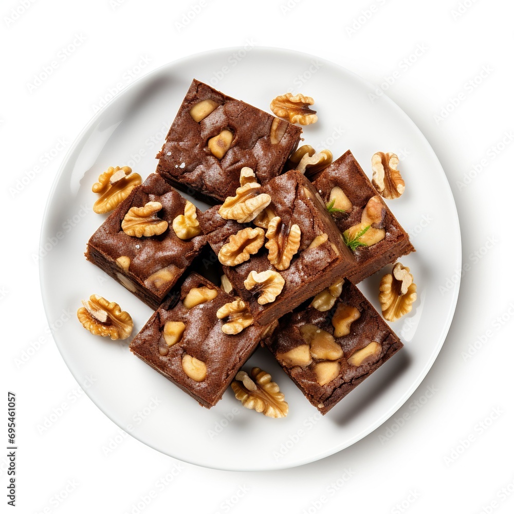 Delicious Plate of Brownies with Walnuts Isolated on a white Background