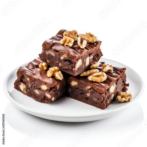 Delicious Plate of Brownies with Walnuts Isolated on a white Background