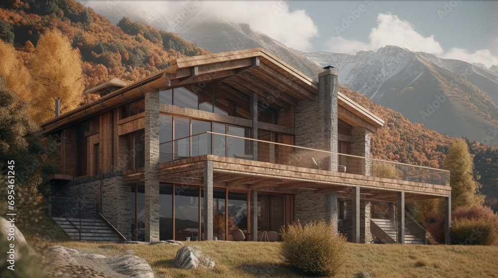Modernes Berghaus mit Panoramablick im Herbst – Architekturdesign