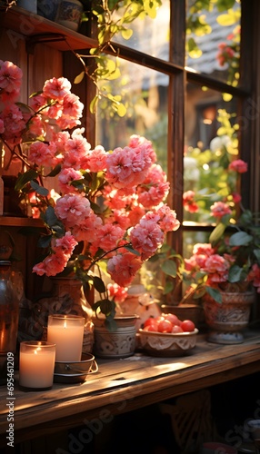 Beautiful pink flowers in a vase on a wooden shelf in the garden