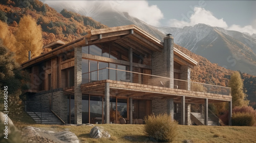 Modernes Berghaus mit Panoramablick im Herbst – Architekturdesign photo