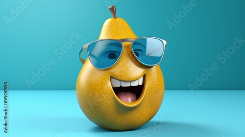 Cheerful and happy pear with glasses. Smiling anthropomorphic fruit in sunglasses on blue background photo