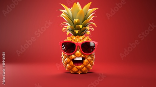Cheerful and happy pineapple with glasses. Smiling anthropomorphic fruit in sunglasses on red background