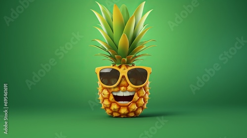 Cheerful and happy pineapple with glasses. Smiling anthropomorphic fruit in sunglasses on green background