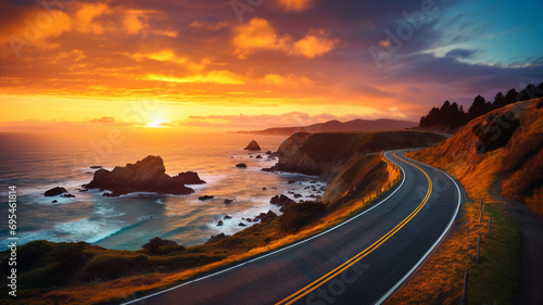 A mesmerizing HD image featuring a highway landscape at a colorful sunset, with the road leading to the sea, presenting a breathtaking and serene natural view.