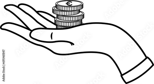 Stack of Euro Coins on the Palm for Coloring. Vector Illustration of Money. Financial Bonuses and Benefits, Cashback, Help, Donations, and Charity Concept
